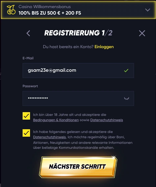 Registrierung bei Quickwin Casino